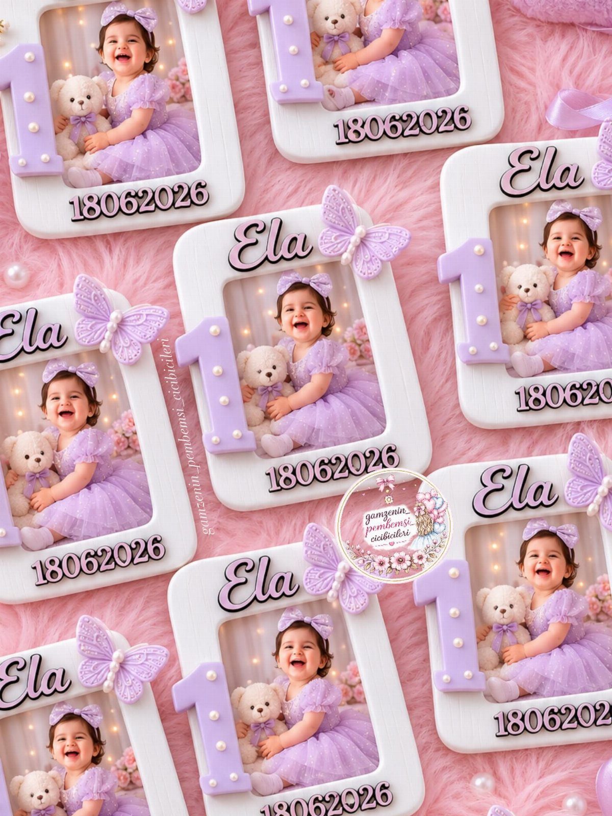 Custom photo magnets for a first birthday featuring a baby girl in purple.