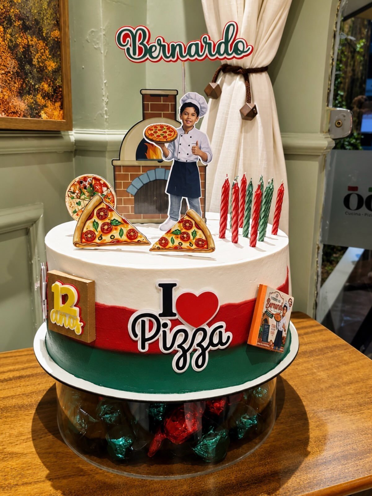 Pizza themed birthday cake for a 12 year old with chef decorations