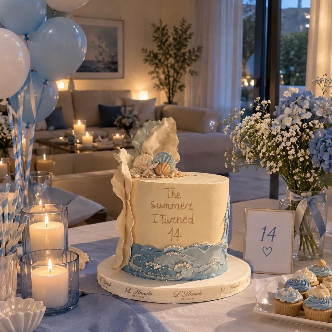 Beach themed birthday cake with seashells and blue waves for a 14th birthday.
