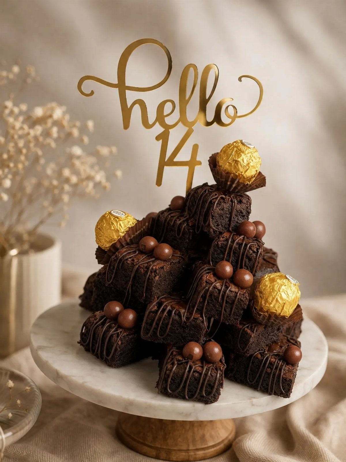 Chocolate brownie tower with gold-wrapped chocolates and a gold hello 14 cake topper.