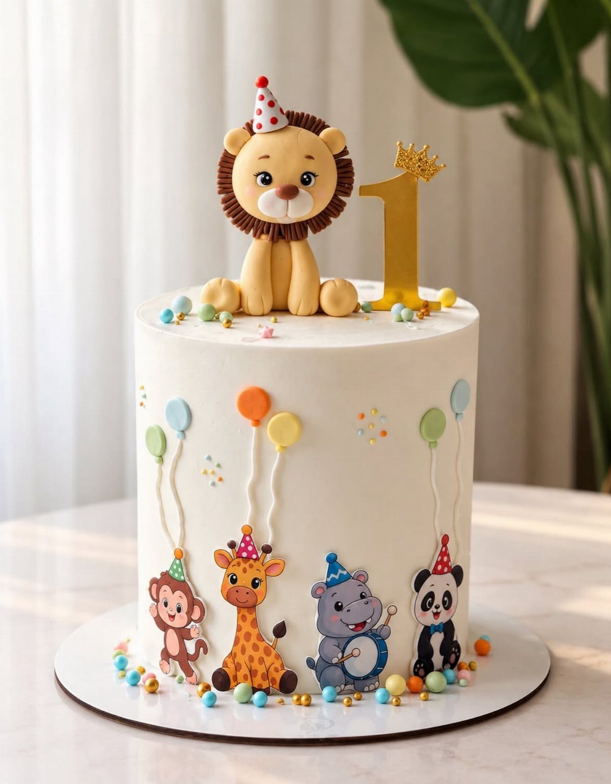 White birthday cake with cartoon animal figures and a gold number one topper
