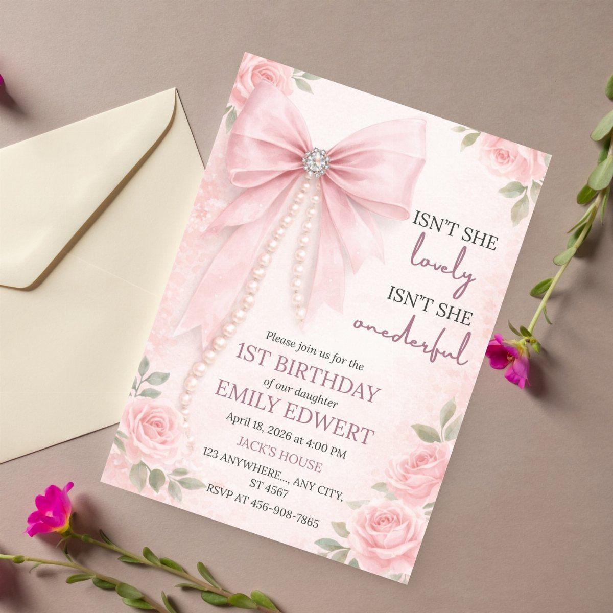 Pink 1st birthday invitation with a bow and roses next to a cream envelope.