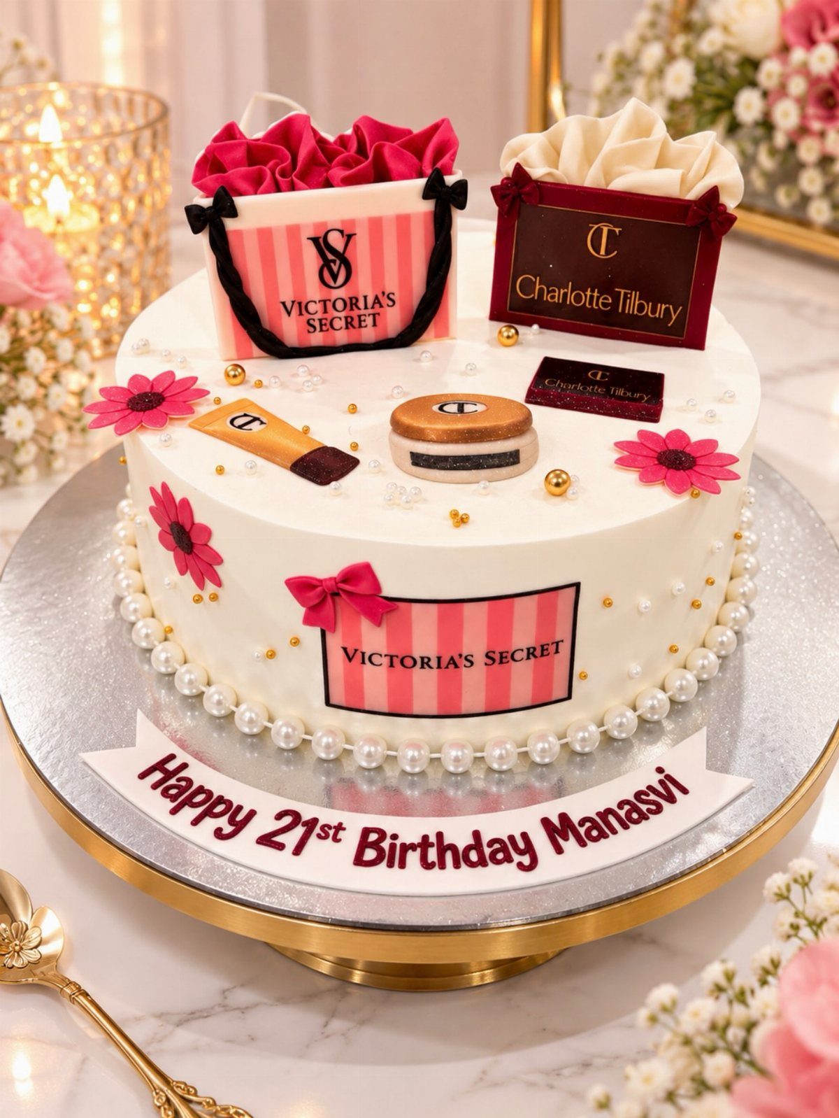 White birthday cake with luxury brand miniatures and Happy 21st Birthday banner