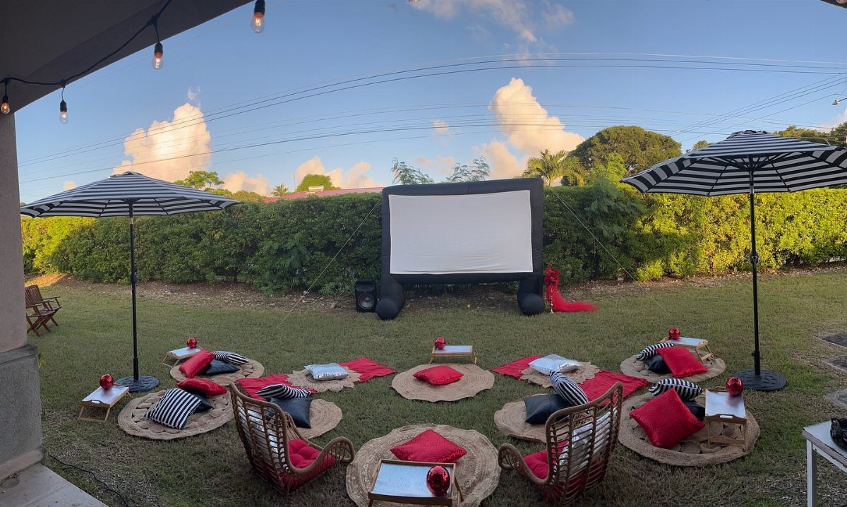 Outdoor projector screen in a backyard with woven mats and red pillows.