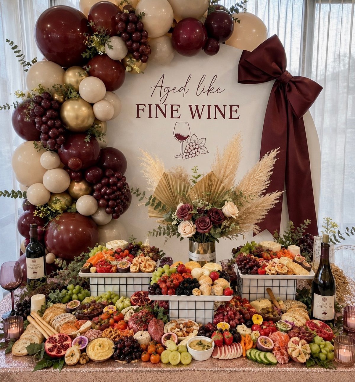 Wine themed party setup with a charcuterie spread and burgundy balloon arch.