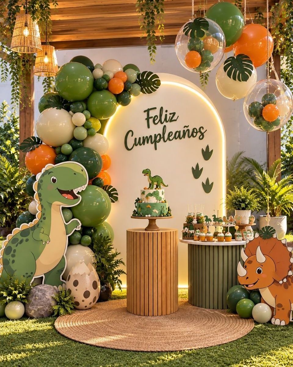 Dinosaur themed birthday party decorations with balloons, cake, and cartoon dinosaur cutouts.
