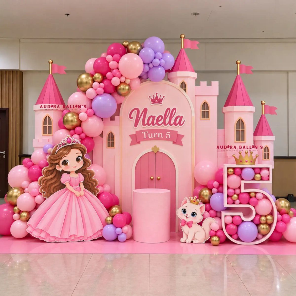 Pink princess castle backdrop with balloons and a large number five for birthday.
