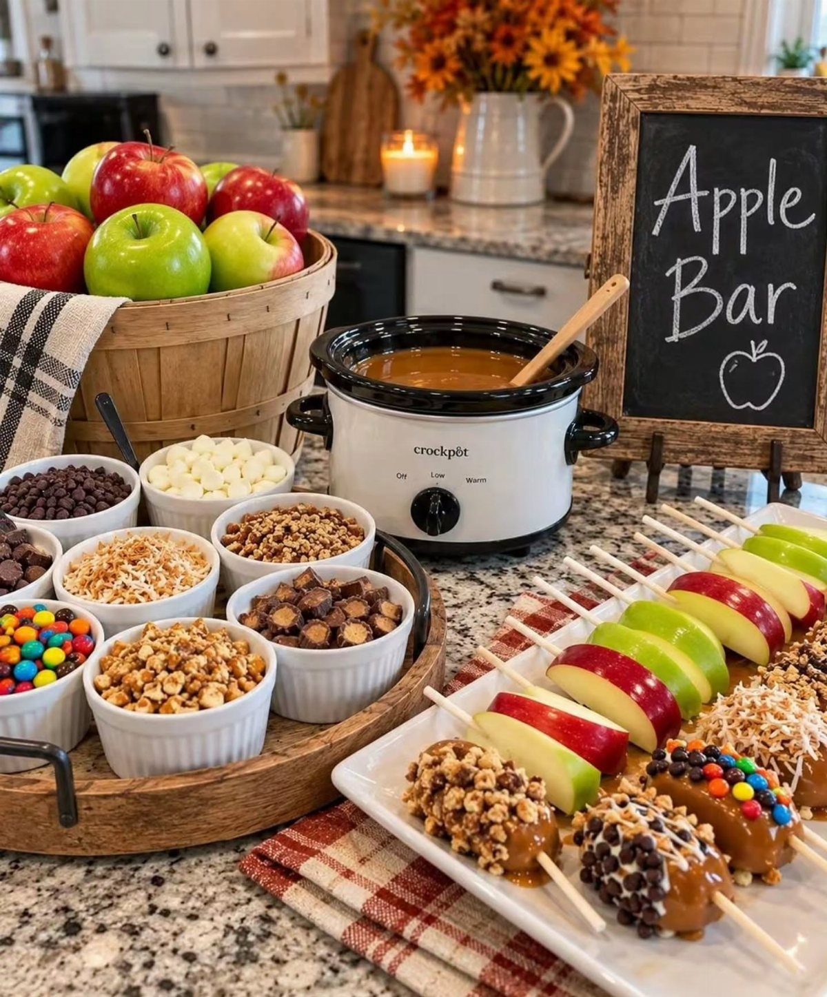 Caramel apple station with fresh apples, melted caramel, toppings, and decorated apple slices.
