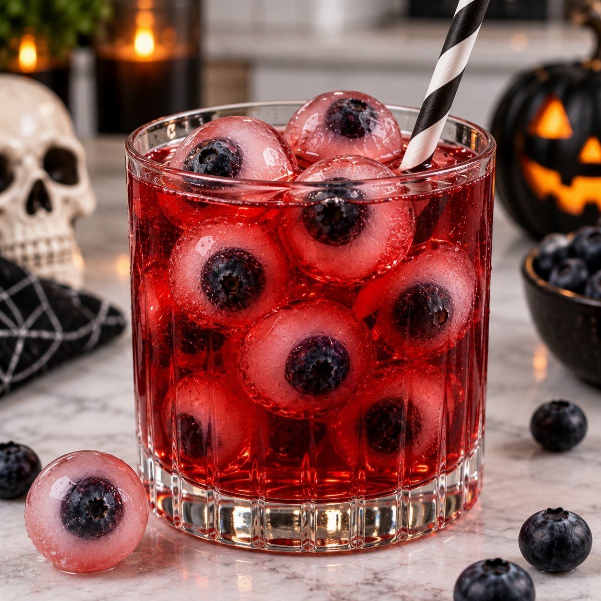 Red cocktail with eyeball ice cubes, a skull, and a pumpkin for Halloween.