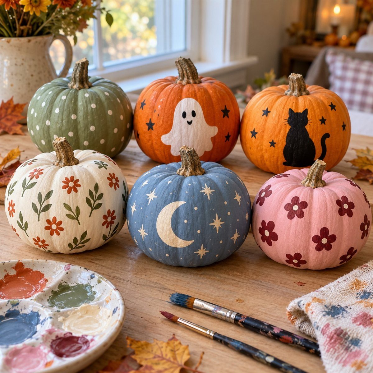 Painted pumpkins with various designs and a paint palette on a wooden table.