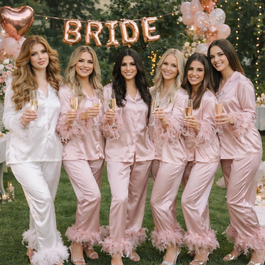 Six women in satin feather-trimmed pajamas posing with champagne at a bachelorette party.