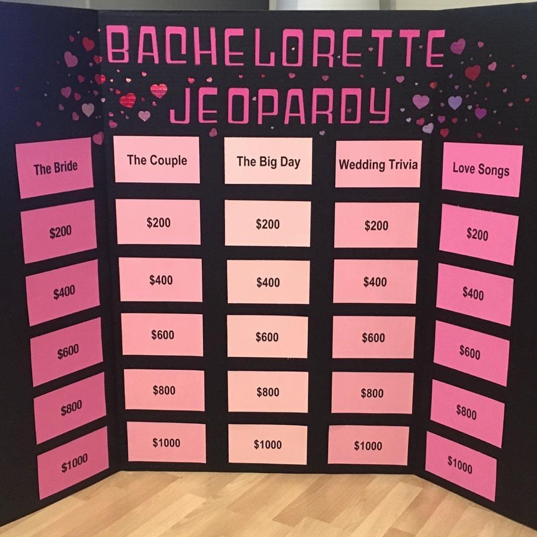 Bachelorette Jeopardy game board with pink category cards and dollar amounts on black background.