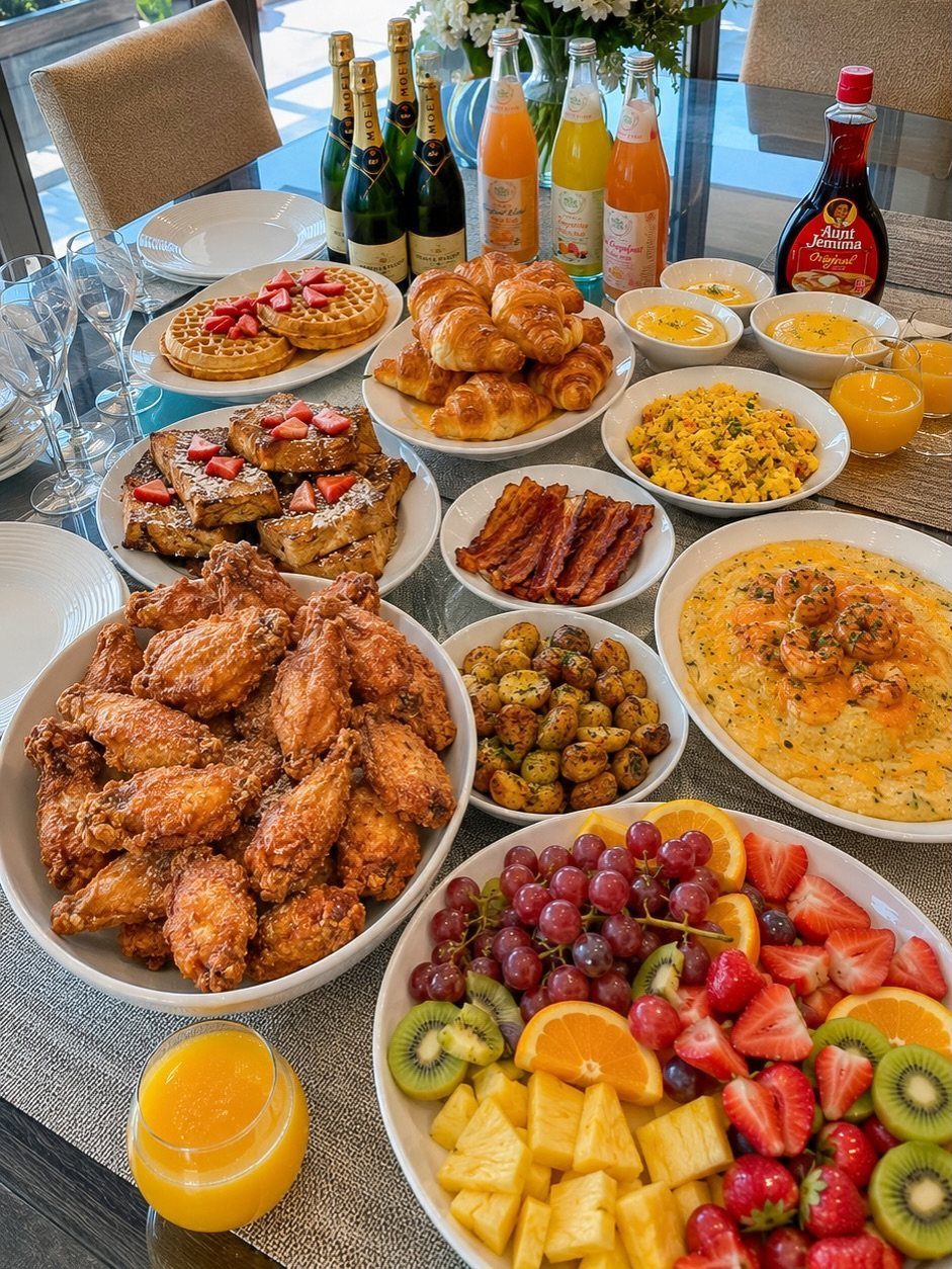 Lavish breakfast spread with fried chicken, waffles, fruit, and champagne on a table.