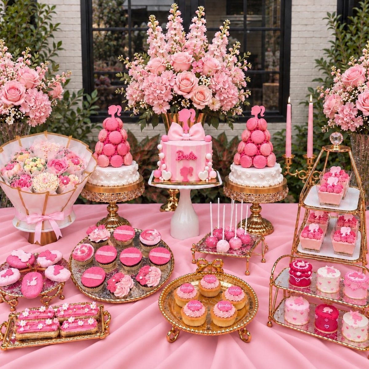 Pink Barbie dessert table with cake, macarons, and cupcakes surrounded by pink roses.