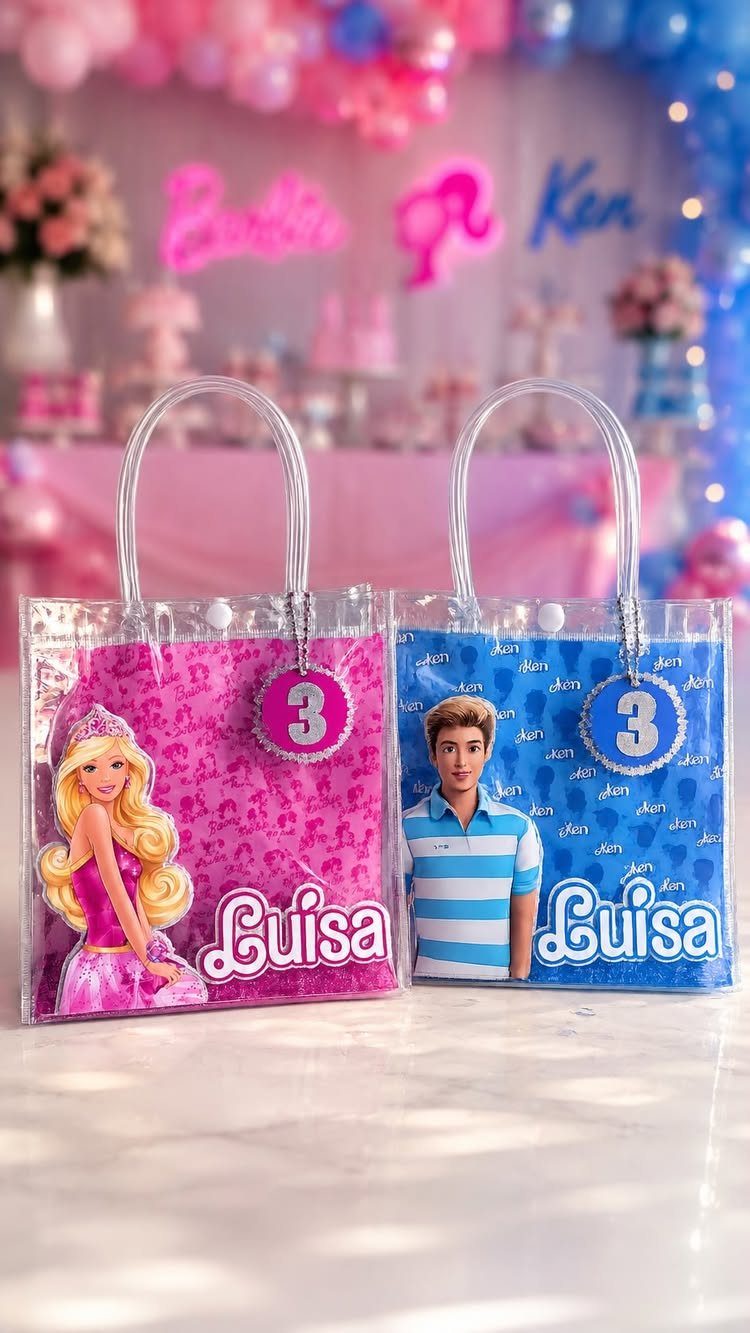 Two personalized Barbie and Ken themed gift bags for a third birthday party.