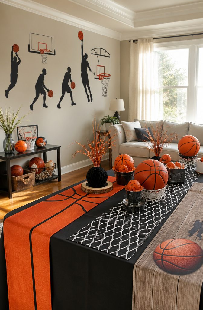 Indoor setting with various basketball-themed decorations displayed on a table.