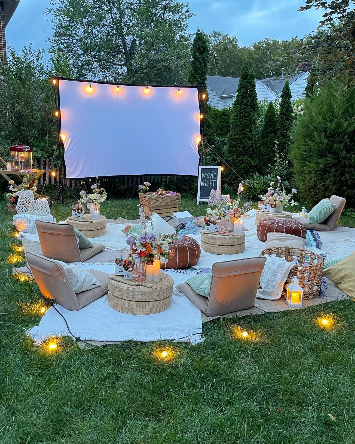 Outdoor movie setup with a projector screen, floor cushions, and string lights in a backyard
