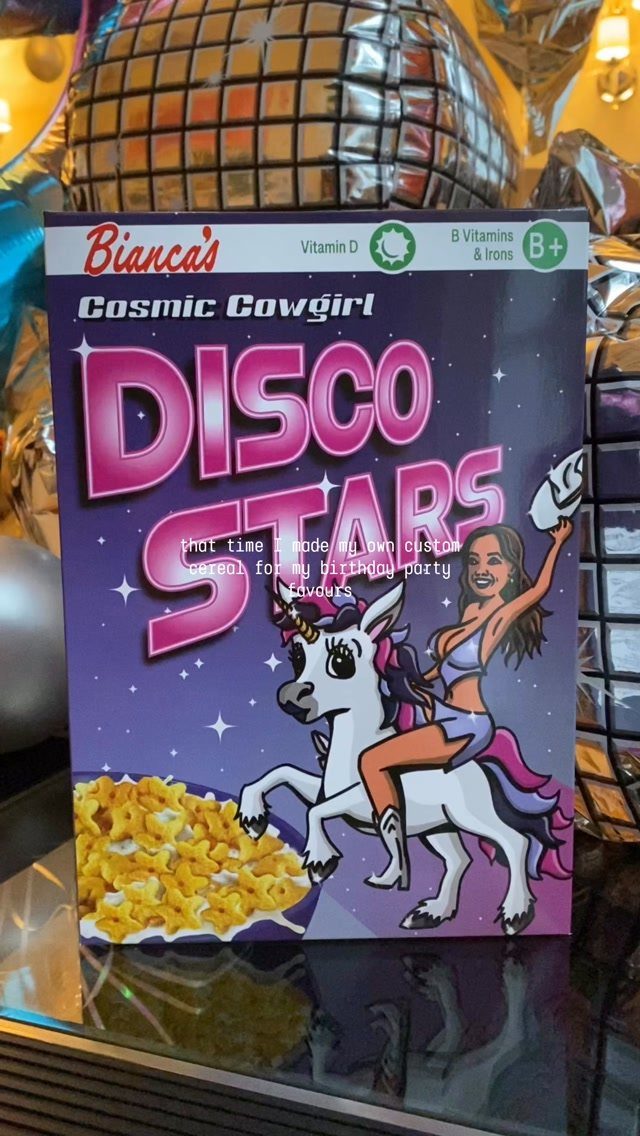 Custom Disco Stars cereal box featuring a woman riding a unicorn next to cereal