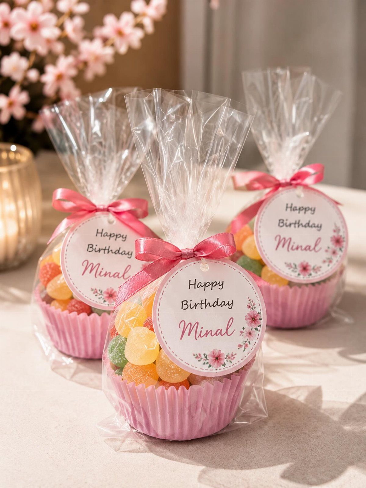 Candy filled pink cupcake liners wrapped in cellophane with personalized birthday tags.
