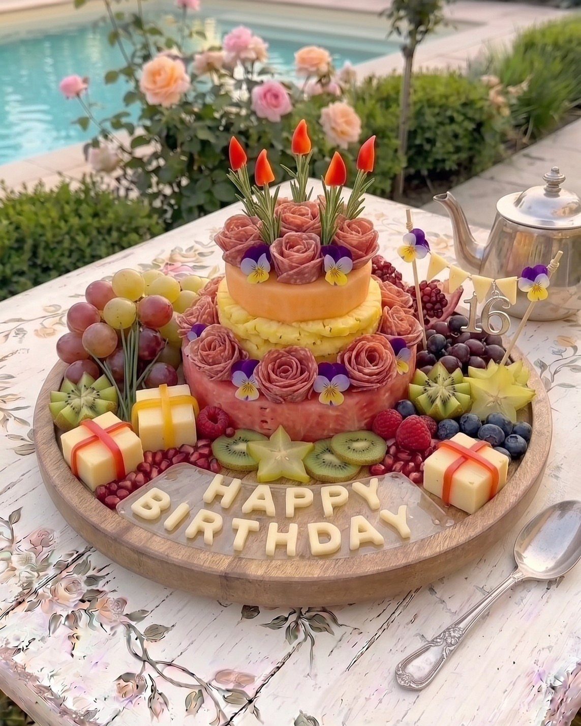 Tiered fruit cake platter with cheese letters spelling Happy Birthday on wooden board.