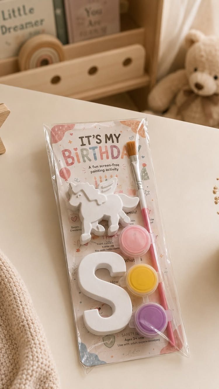 Birthday activity kit with plaster unicorn, letter S, paints, and a paintbrush.