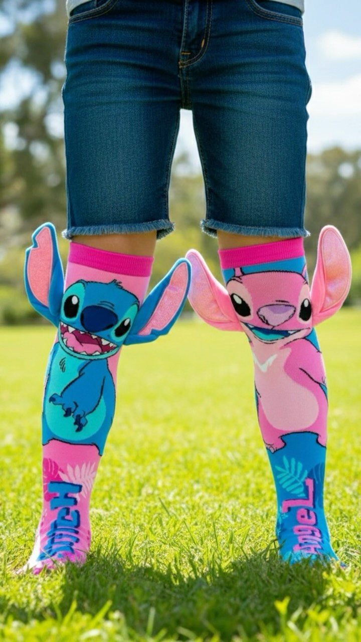 Colorful knee-high socks with Stitch and Angel characters and 3D plush ears.