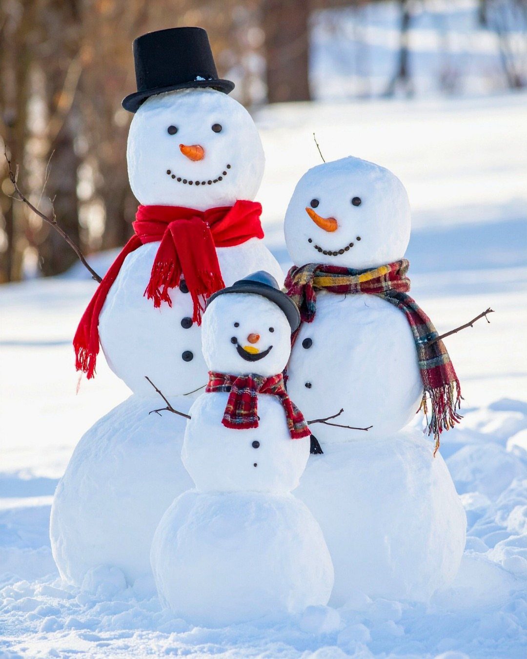 Three decorated snowmen standing together in a bright, snowy outdoor winter landscape.