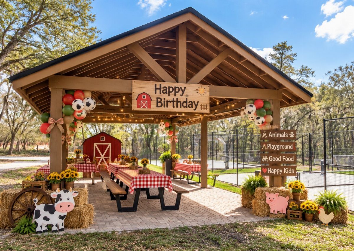 Farm-themed birthday party setup under a wooden pavilion with hay bales and sunflowers.