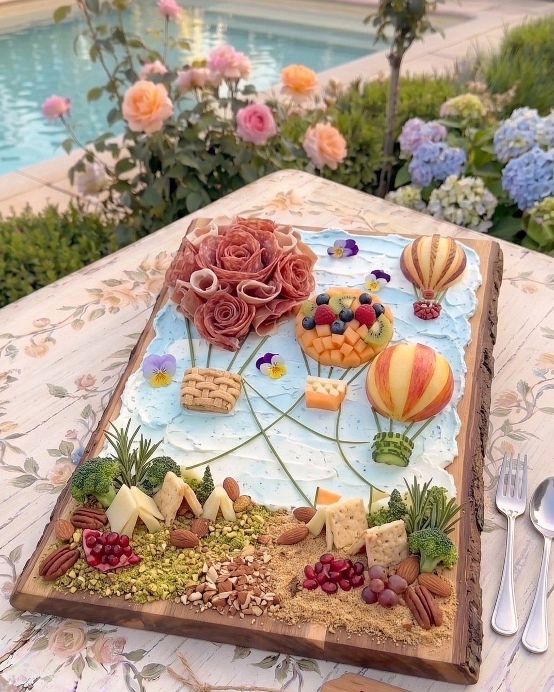 Artistic charcuterie board with meat roses and fruit hot air balloons outdoors.