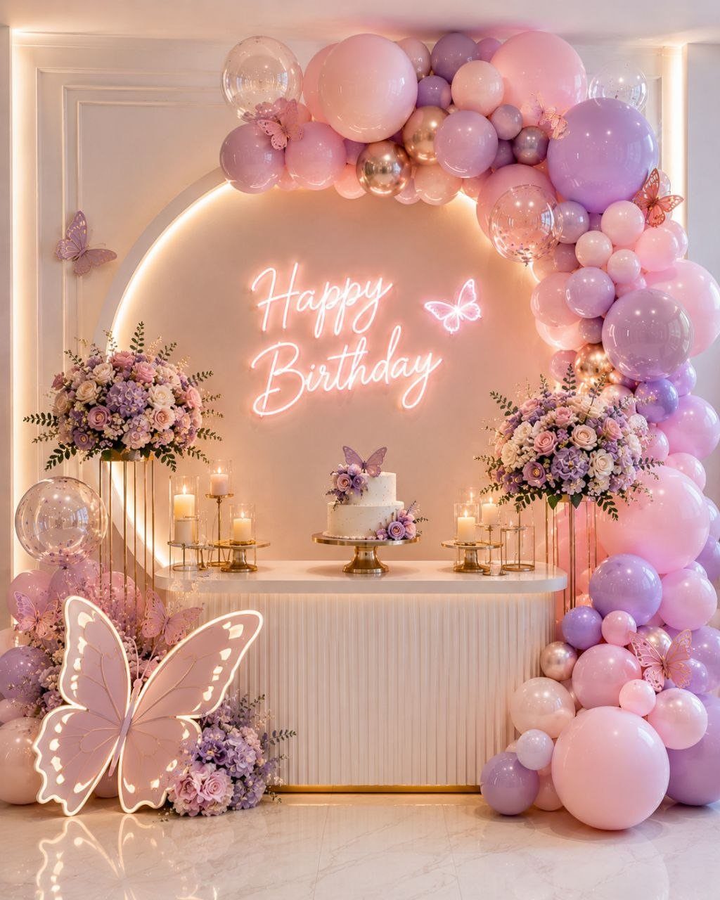 Butterfly themed birthday party setup with pink and purple balloons and neon sign.