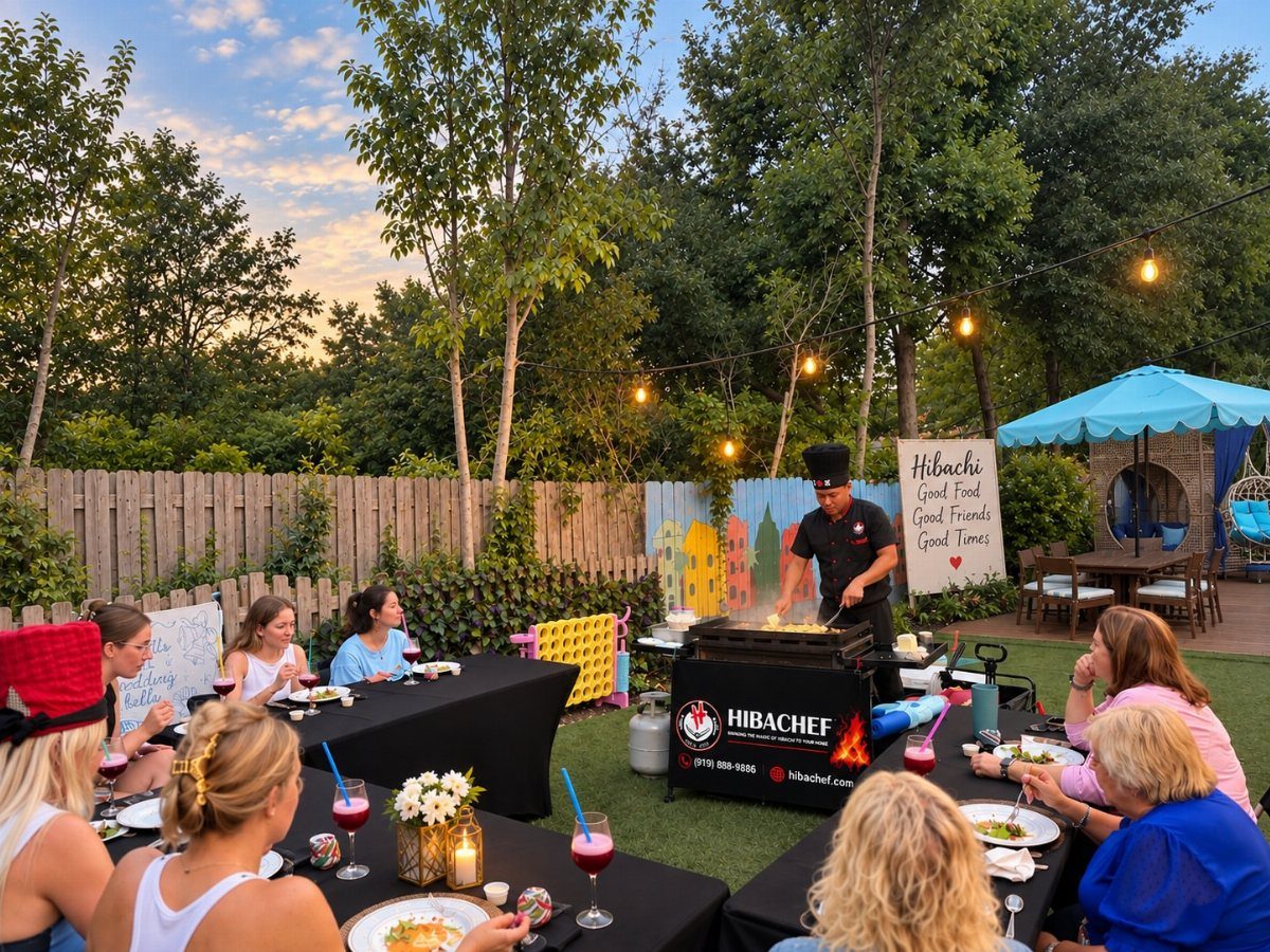 Chef cooking on a hibachi grill for guests at an outdoor backyard party.