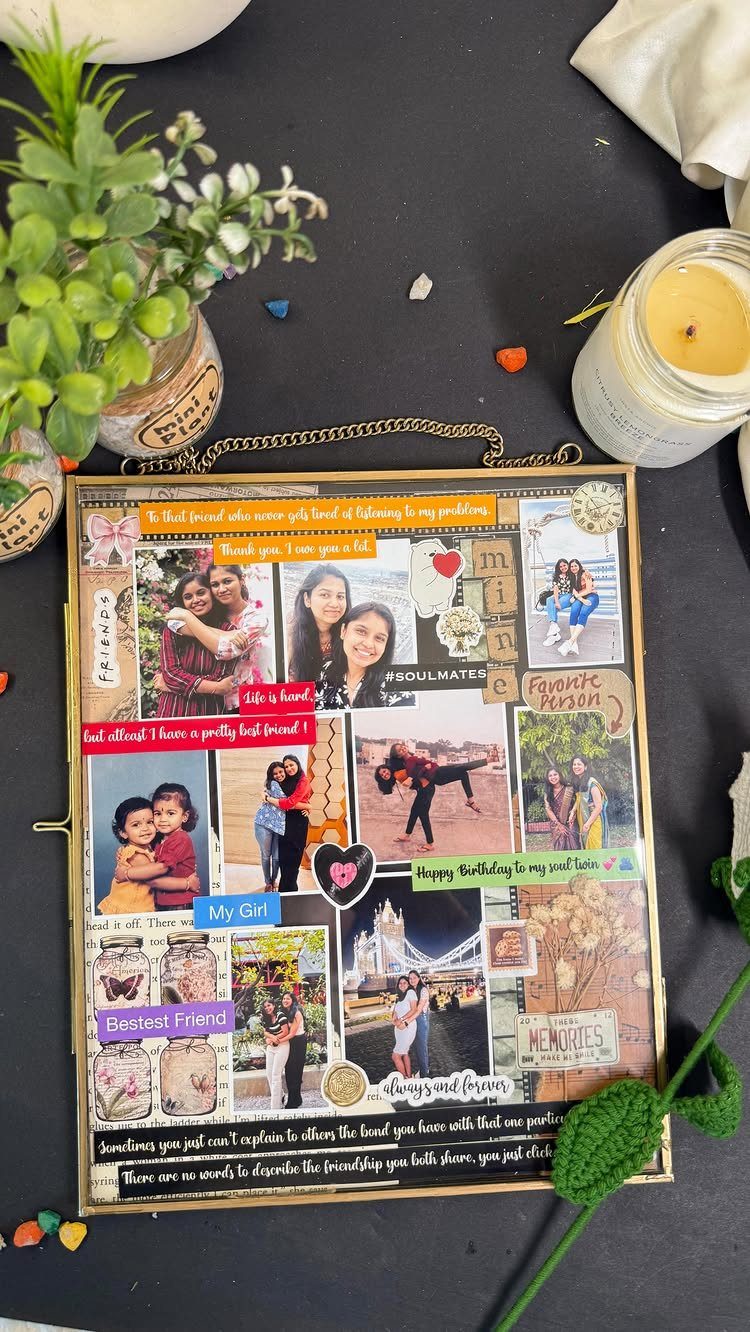 Handmade friendship scrapbook page in a gold frame with photos and handwritten notes.