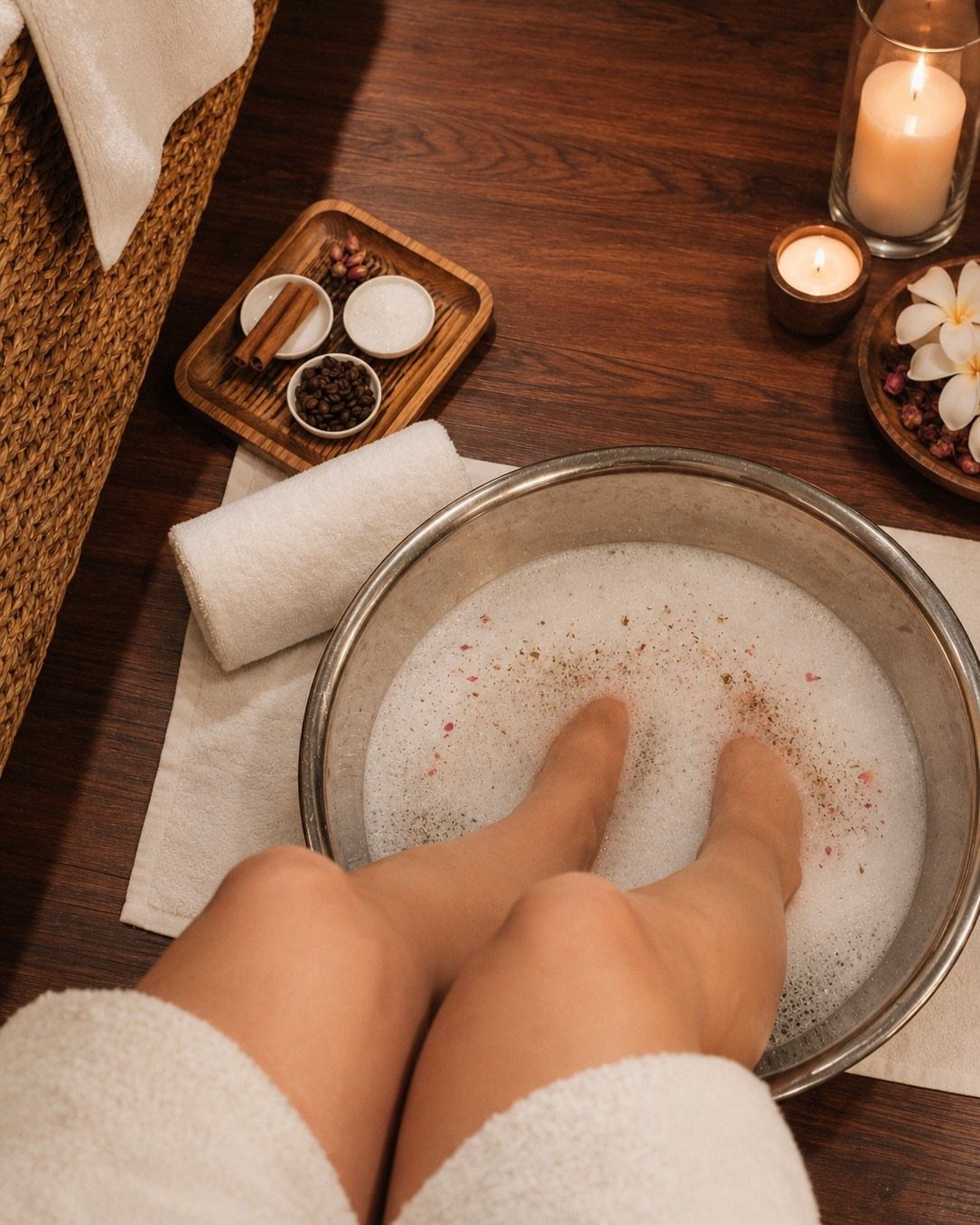 Feet soaking in a bubbly metal basin with candles and spa accessories nearby.