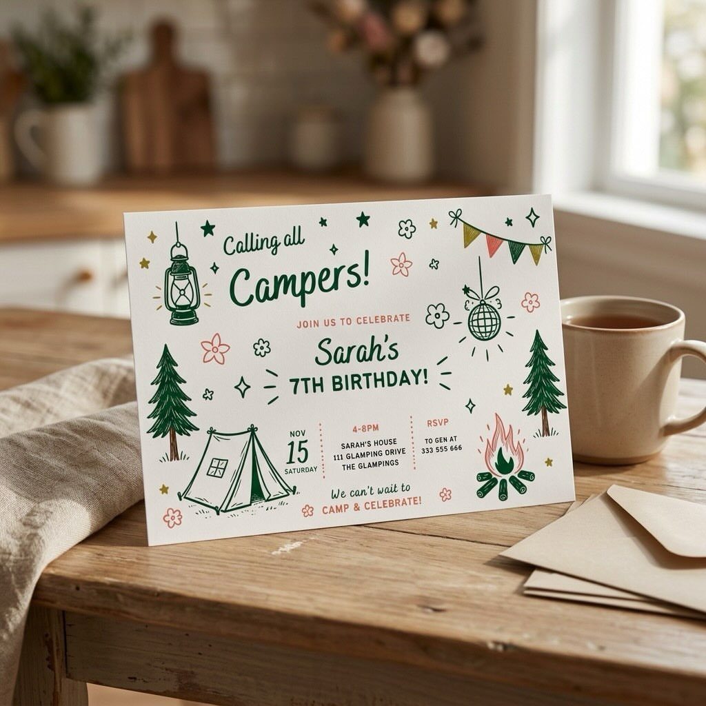 Camping-themed birthday invitation card on a wooden table with a mug and envelopes.