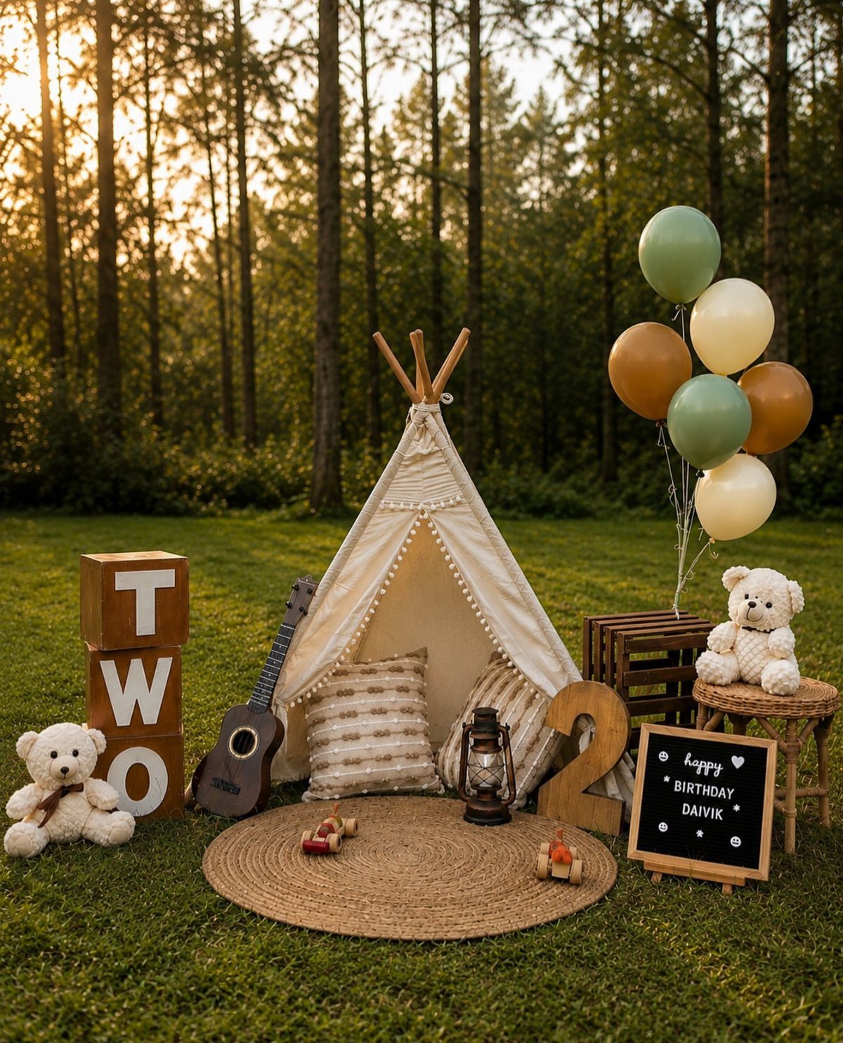 Camping themed second birthday setup with a white teepee, balloons, and teddy bears.