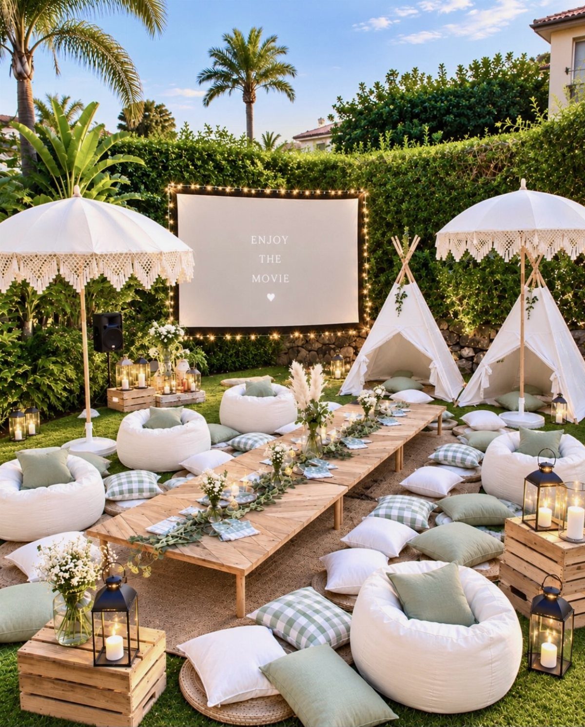 Outdoor movie screen and lounge area with white teepees, bean bags, and lanterns.