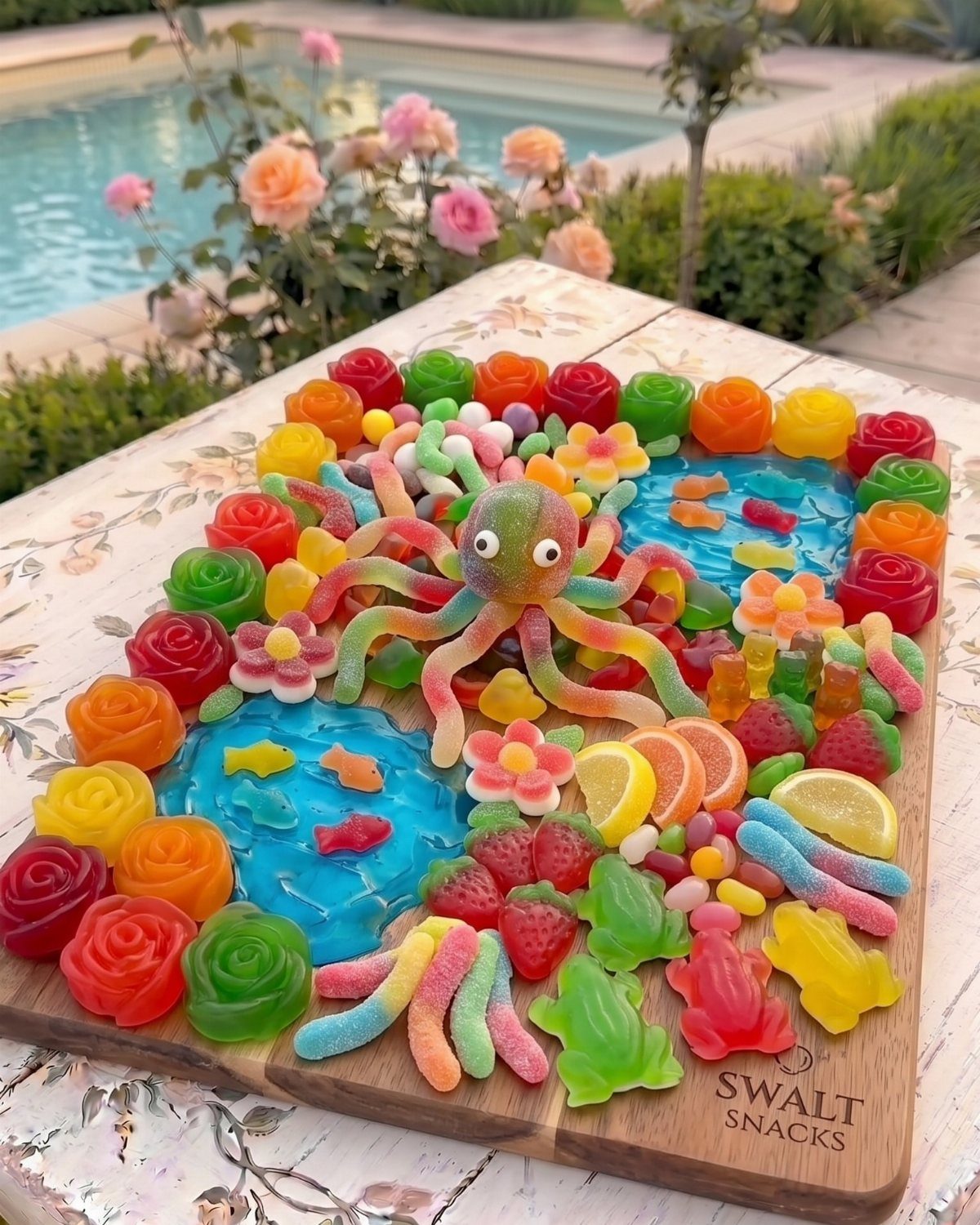 Colorful gummy candy platter with a rainbow octopus and blue gelatin pools outdoors.