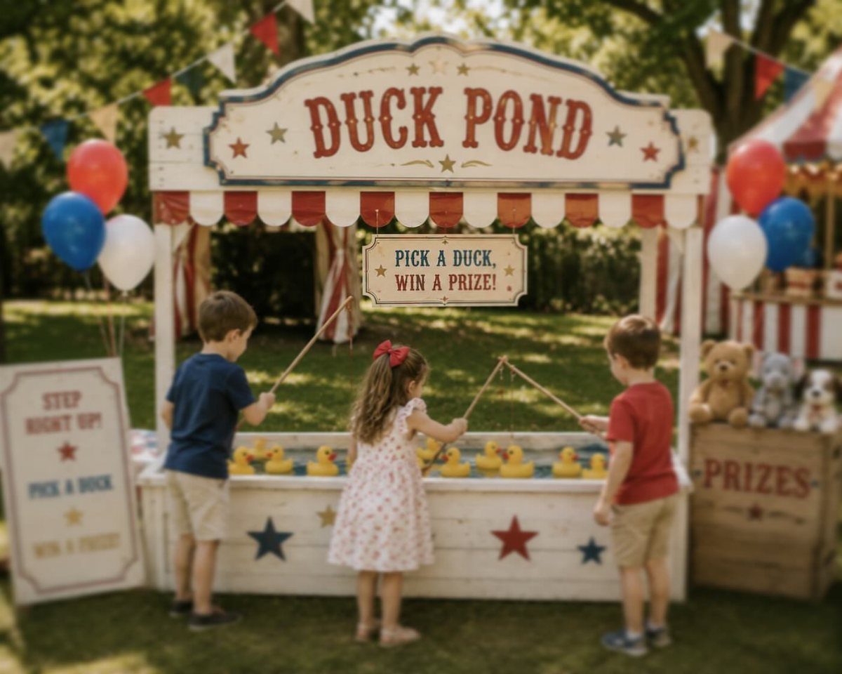 Children playing a duck pond game at an outdoor carnival themed party booth.