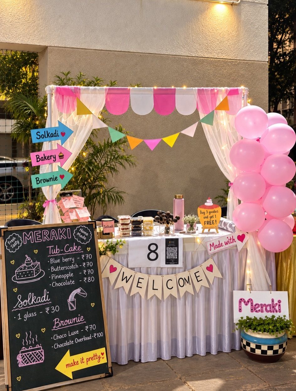 Decorated food station with pink balloons, bunting, and a chalkboard menu for desserts.