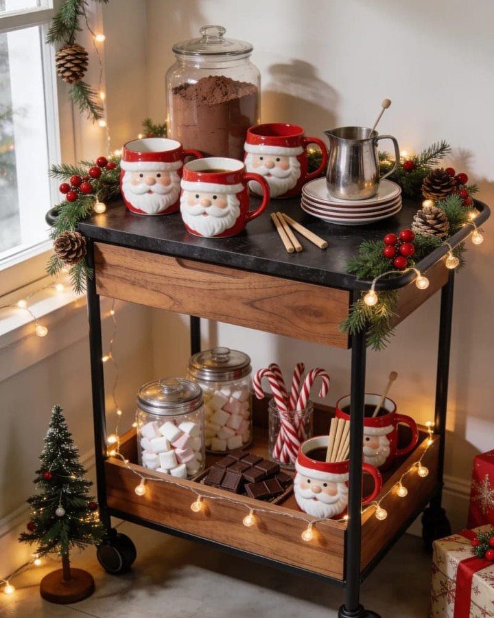 Hot chocolate station on a wooden cart with Santa mugs and holiday decorations.
