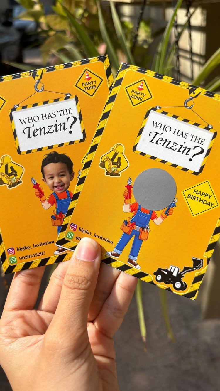 Construction-themed birthday invitations with yellow caution stripes and a child's photo.