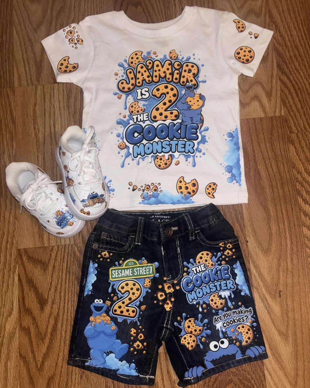 Personalized Cookie Monster birthday outfit with white t-shirt, denim shorts, and matching sneakers.