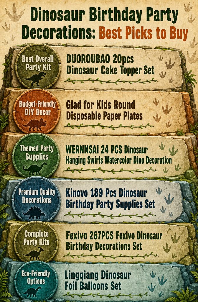 Infographic comparing different dinosaur birthday party decoration sets and their piece counts