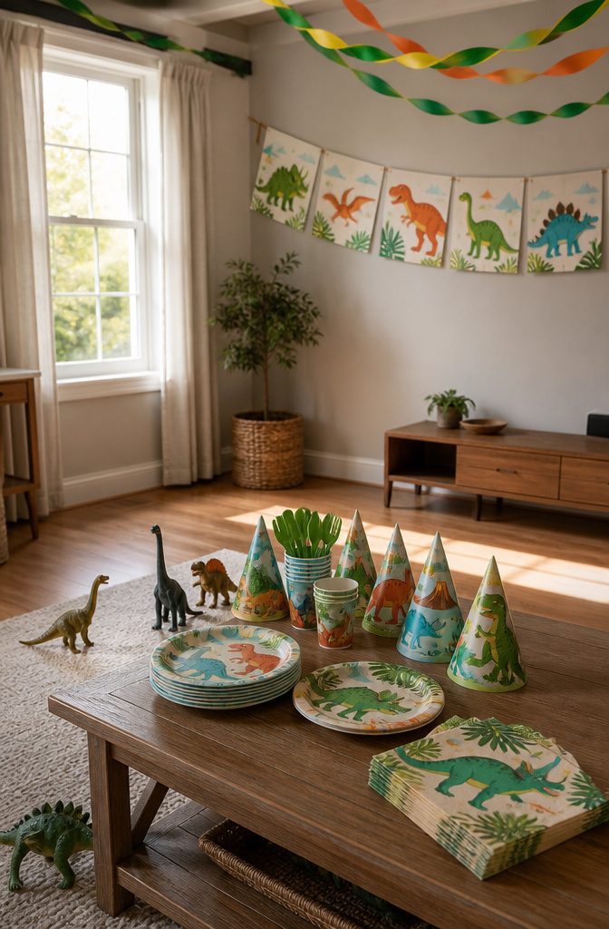 Colorful assortment of dinosaur-themed party decorations displayed on a table