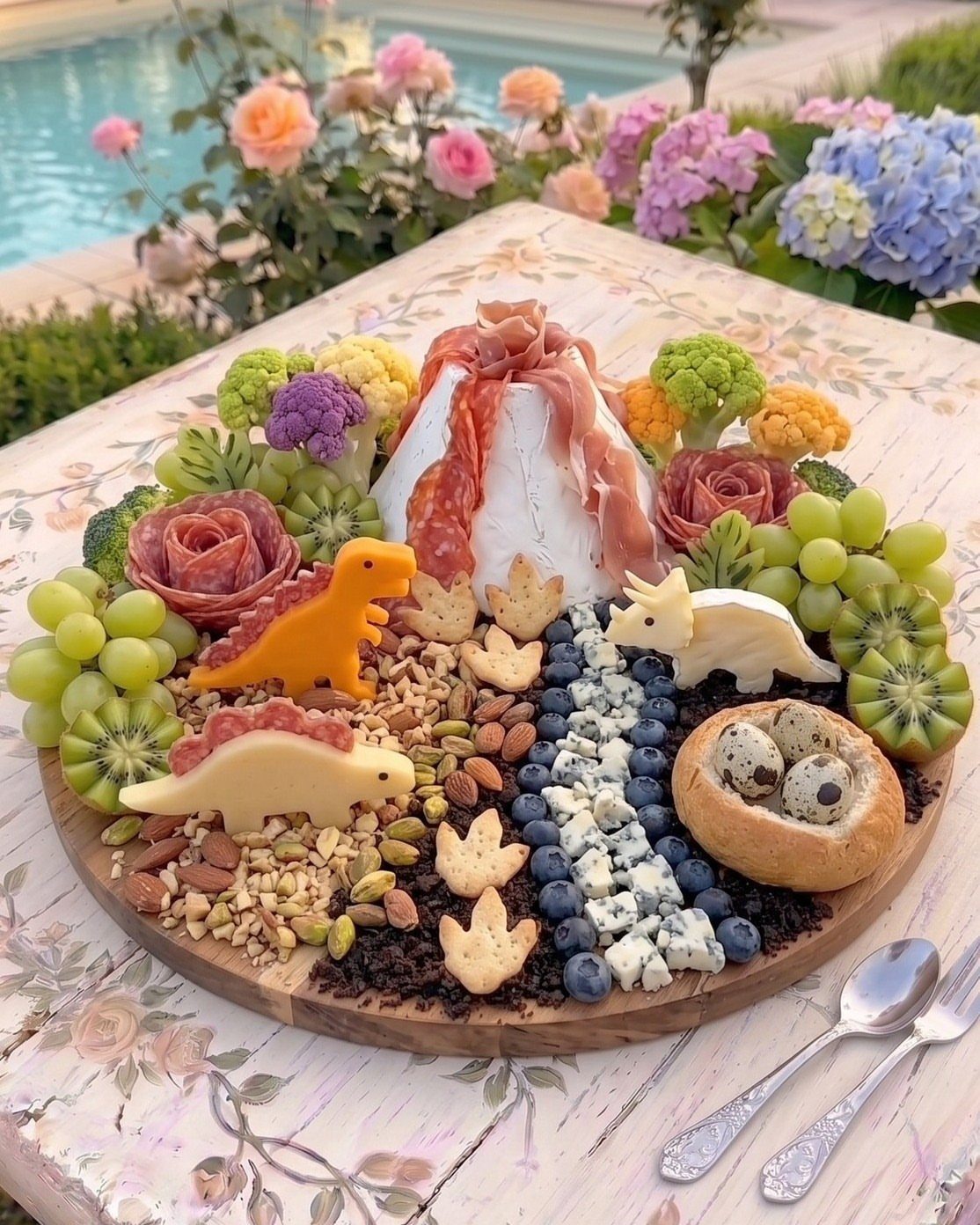Dinosaur-themed charcuterie board with a cheese volcano, dinosaur crackers, and fresh fruit.