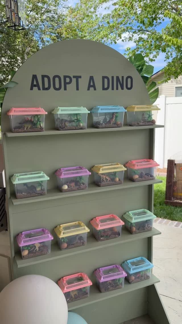 Small toy dinosaurs in colorful plastic bins on a green 'Adopt a Dino' shelf.