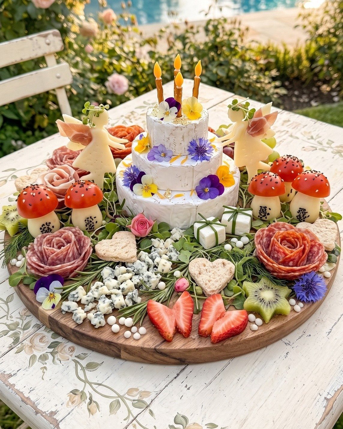 Tiered cheese cake with fairy figures and mushroom accents on a wooden platter.