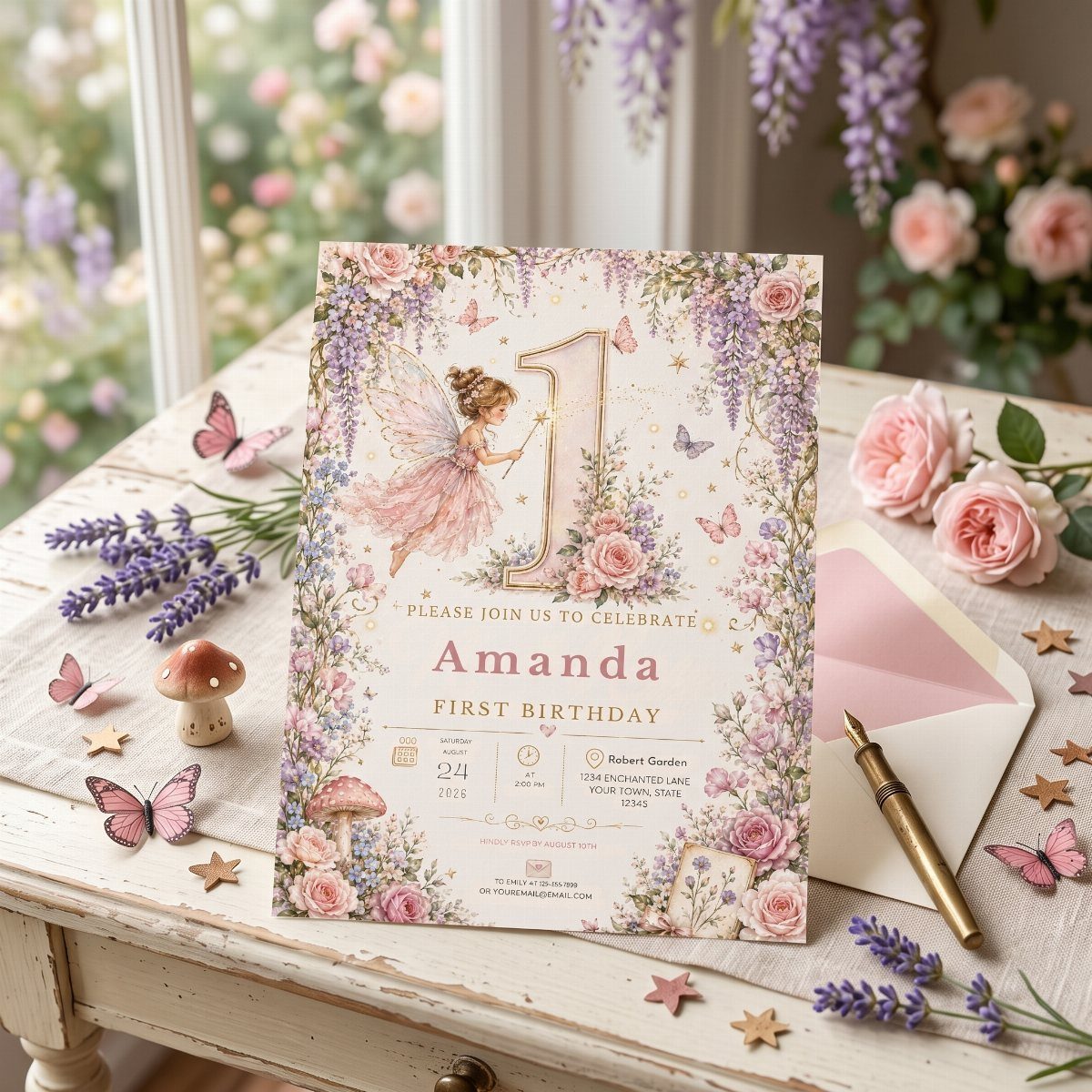 Fairy-themed first birthday invitation surrounded by pink roses, lavender, and small butterflies.