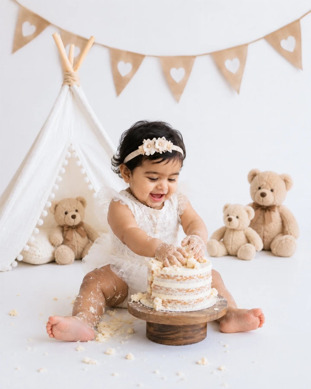 Baby girl in white lace dress eating cake with teddy bears and teepee.