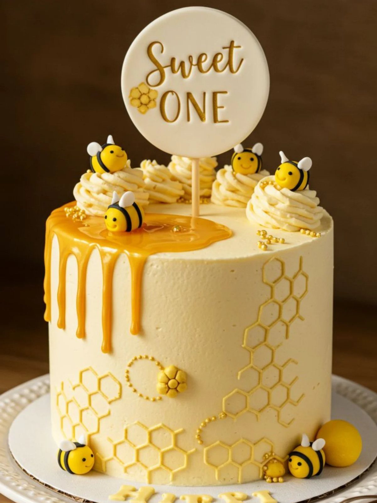 Yellow honey bee themed birthday cake with honeycomb patterns and Sweet One topper